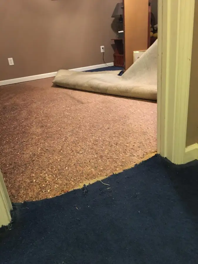 Carpet pad removal revealing water damage during Water Mitigation Services in Fishhook